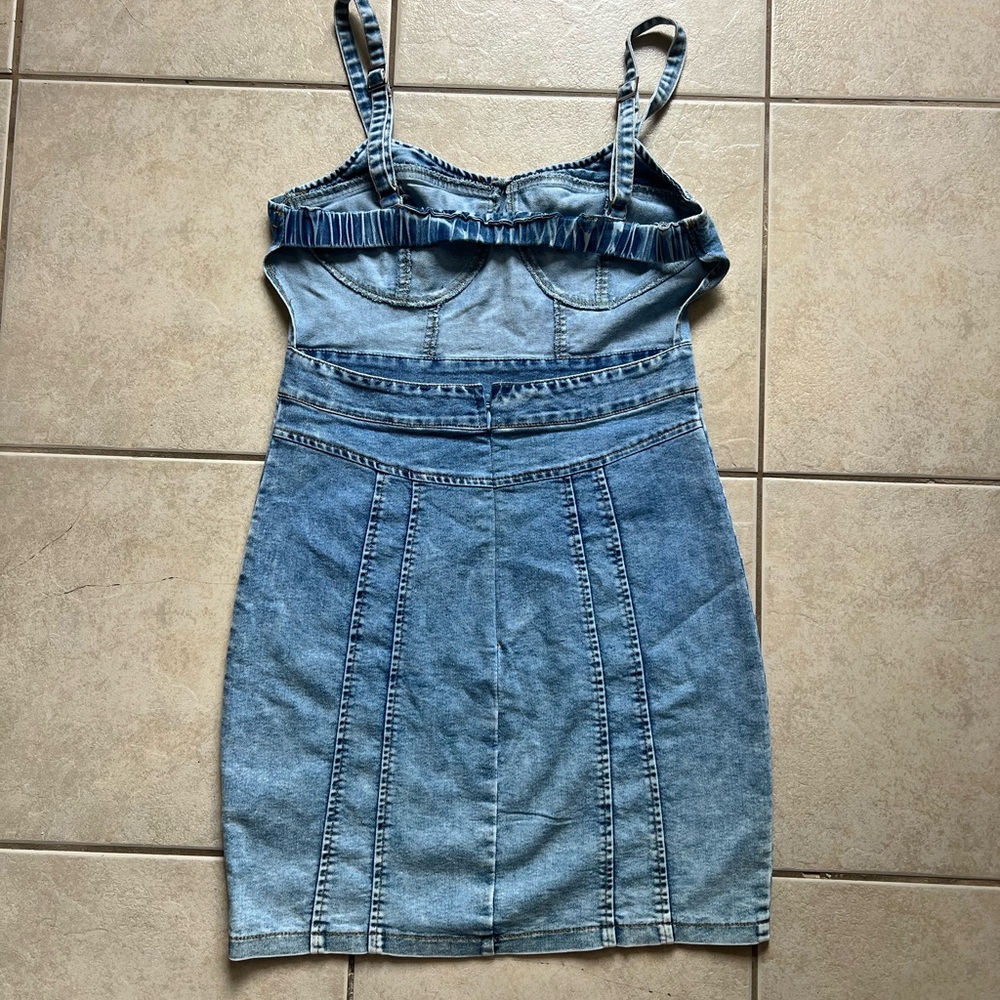 Fitted Blue Denim Mini Dress with Bustier Bodice - Picture 2 of 4